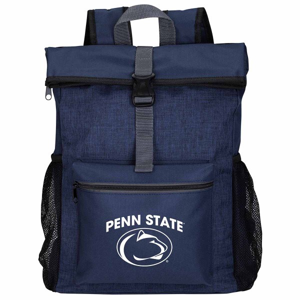 navy backpack with fold over top, white Penn State over Athletic Logo